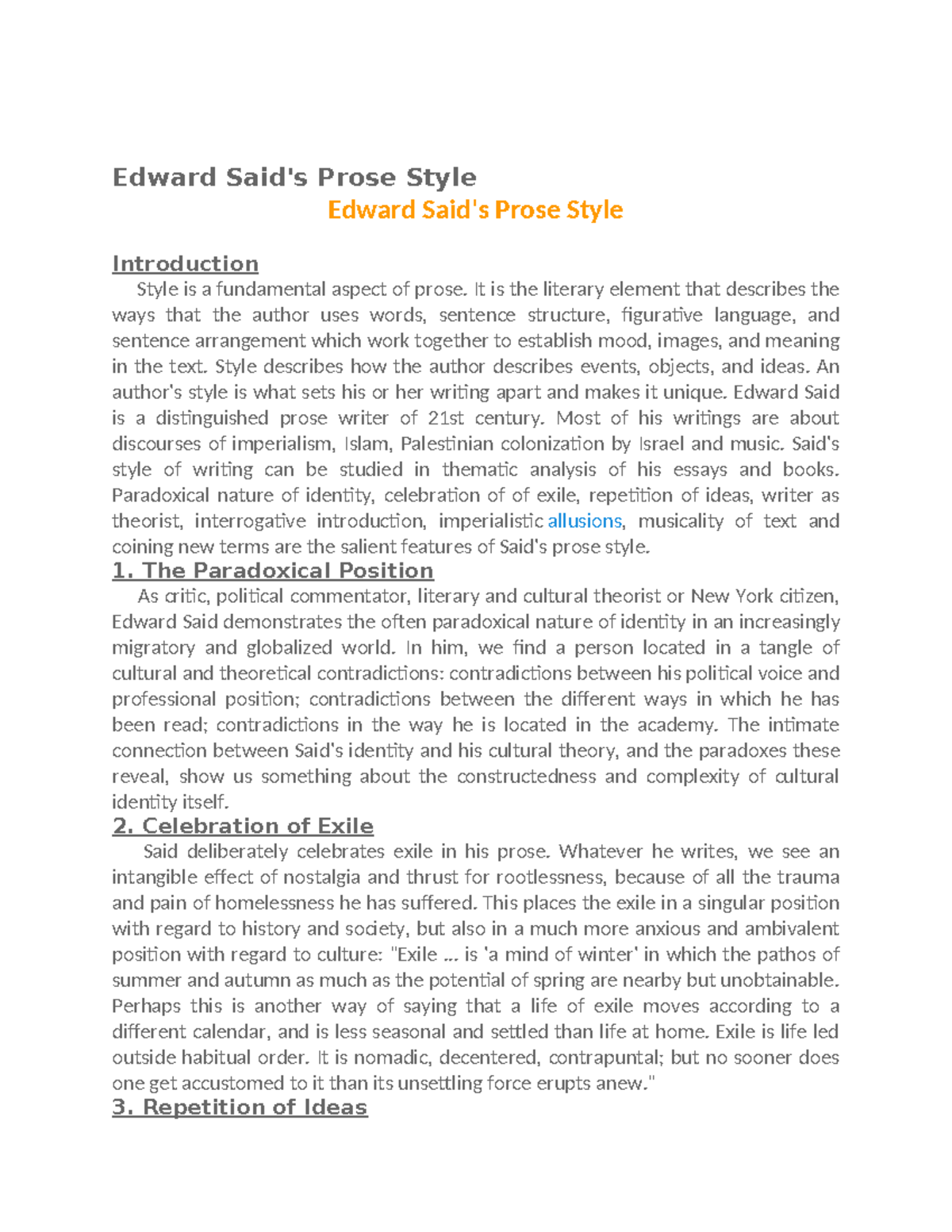 Edward Saids Prose Style - Edward Said's Prose Style Edward Said's ...