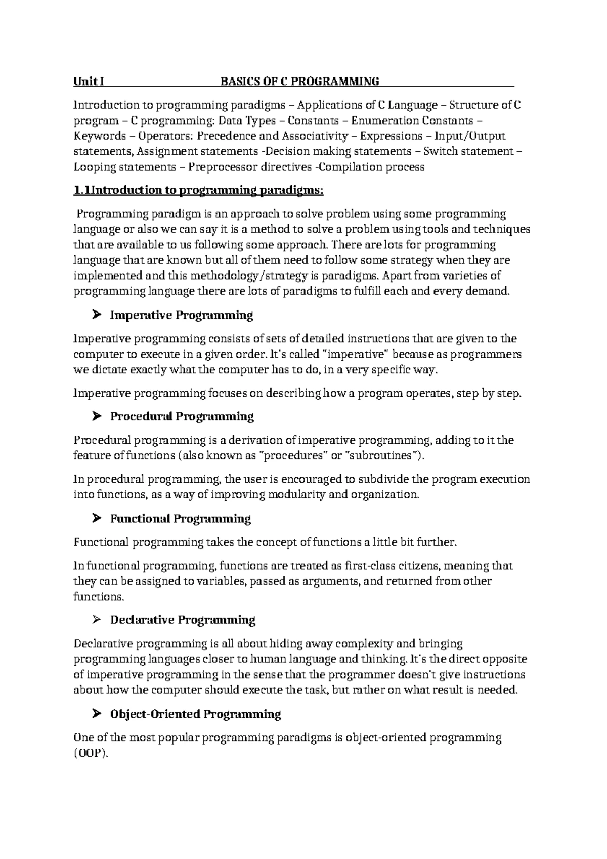 222CPI06 - C Programming Fundamentals and Structure - Unit 1 Notes ...