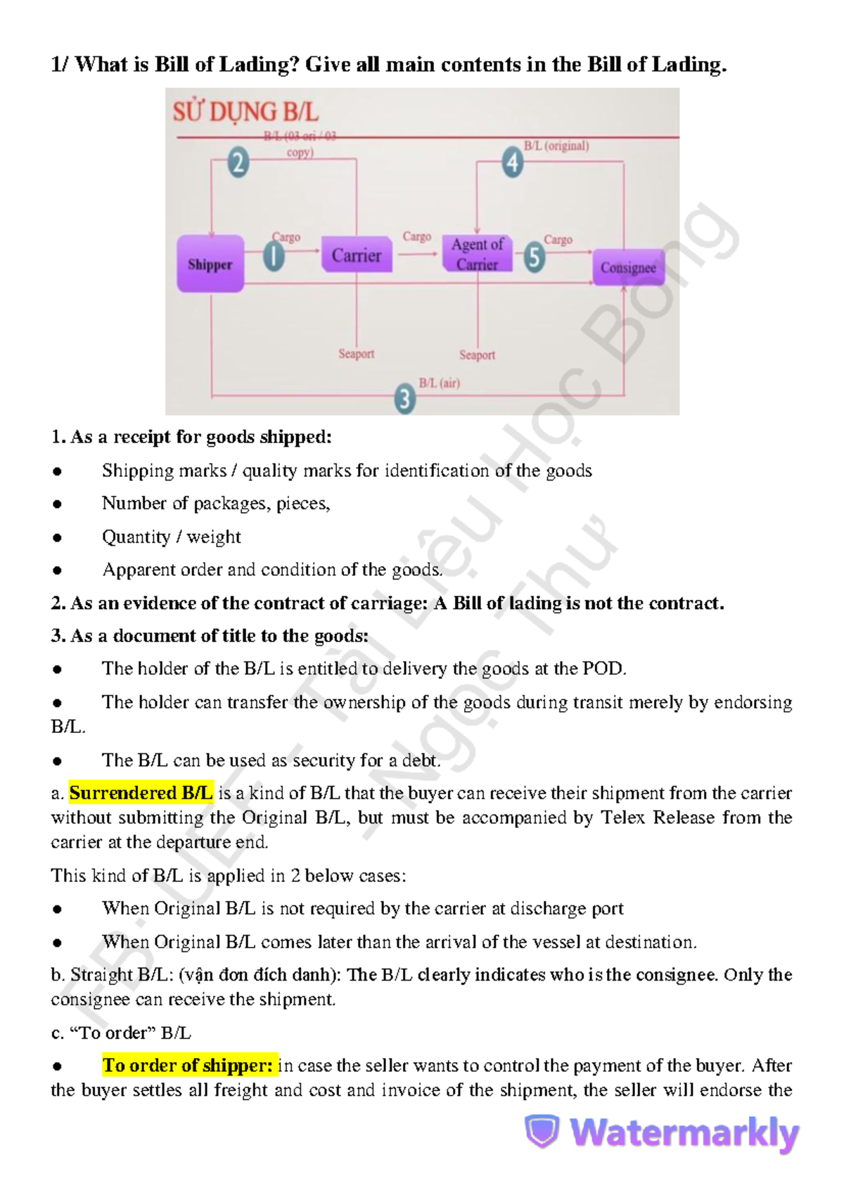 Bill of Lading Overview and Functions (HỌC KỸ) - Studocu