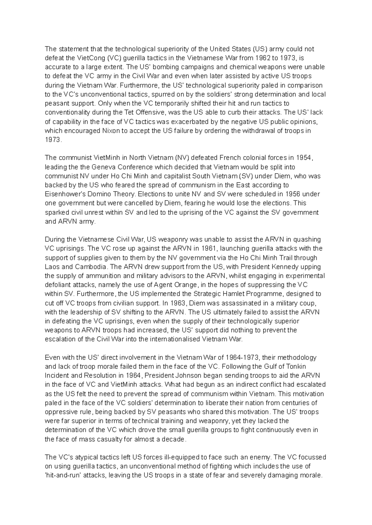 VW Essay: Analyzing U.S. Military Failures Against Viet Cong Tactics ...