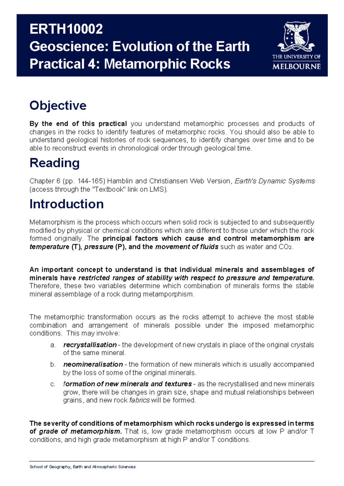 ERTH10002 - Practical 4: Understanding Metamorphic Rocks and Processes ...
