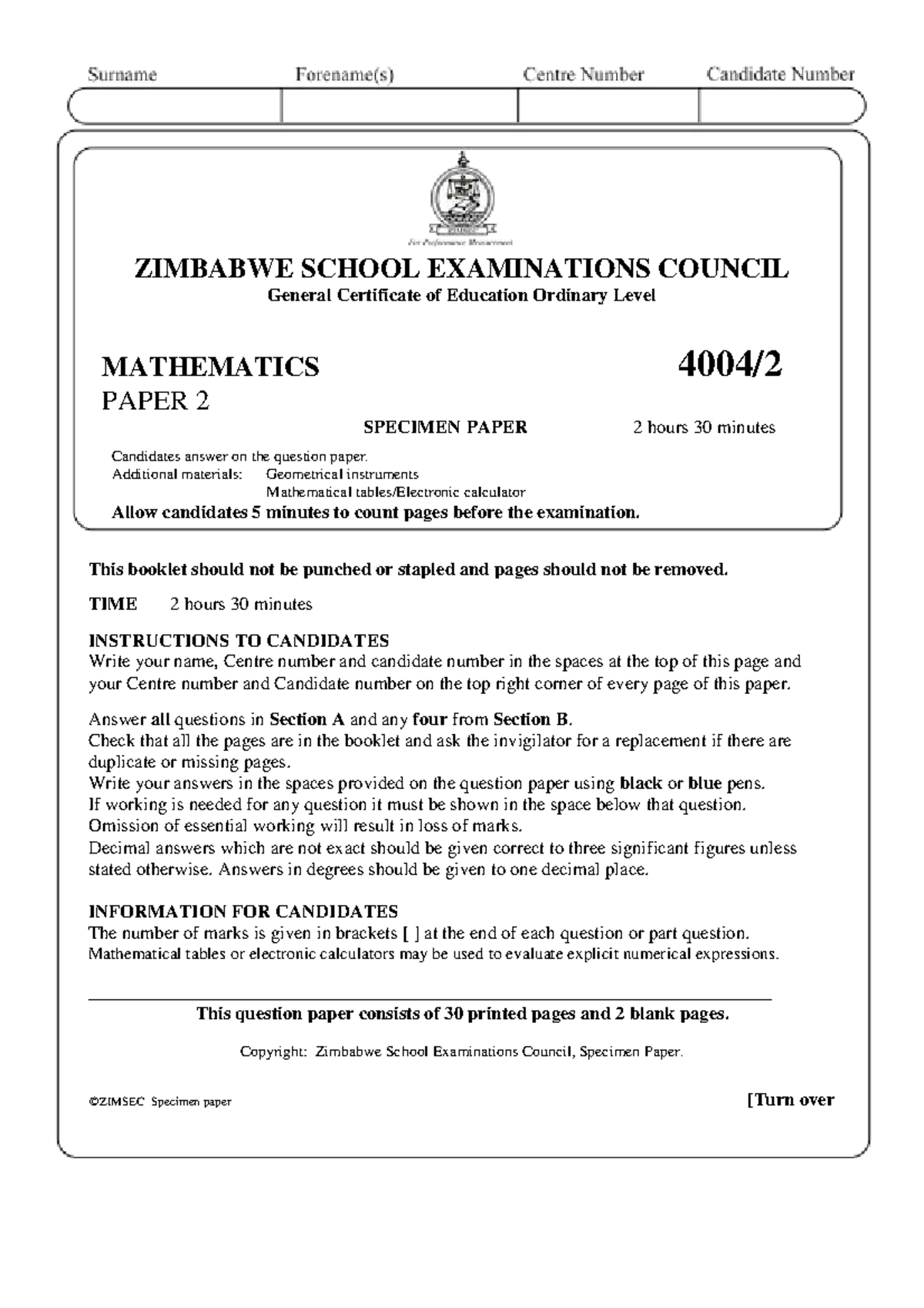 ZIMBABWE GCE O-Level Mathematics Specimen Paper 2 (4004) - Studocu