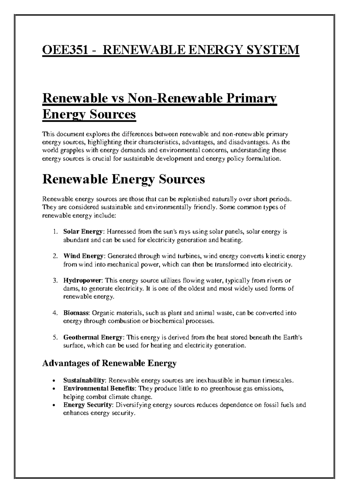 OEE351 - Renewable Energy Systems Study Guide and Overview - Studocu