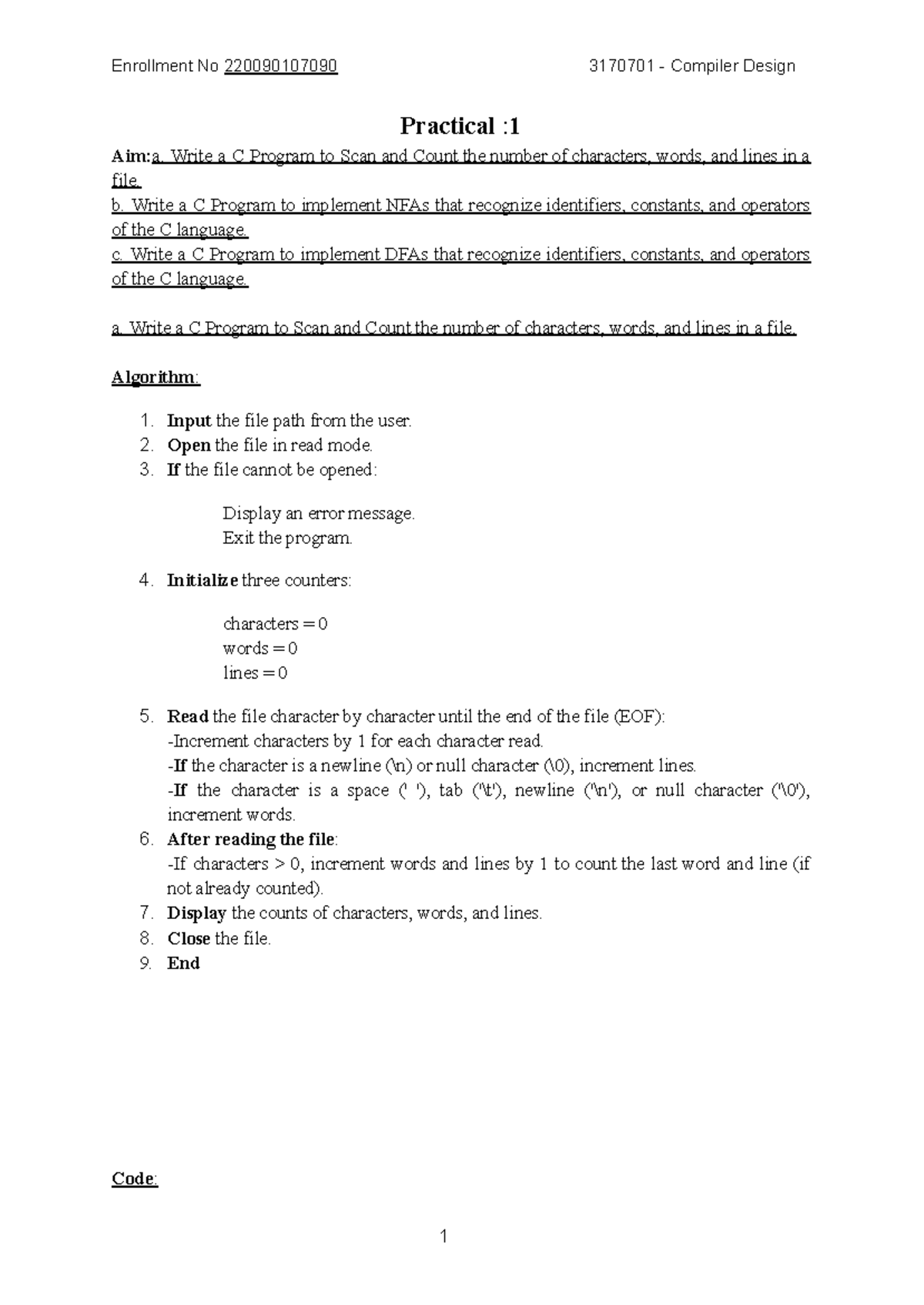 Compiler Design Practical (3170701): C Programs for Lexical Analysis ...