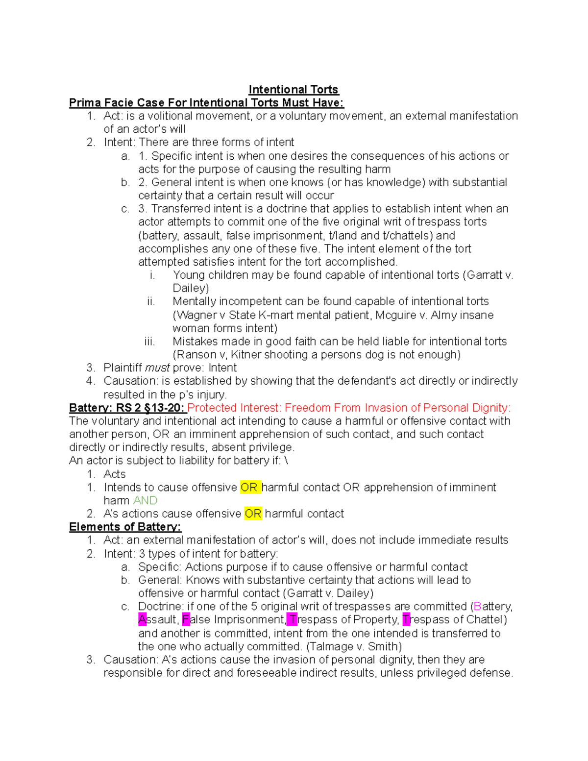 Torts Outline 2025: Key Elements of Intentional Torts and Negligence ...