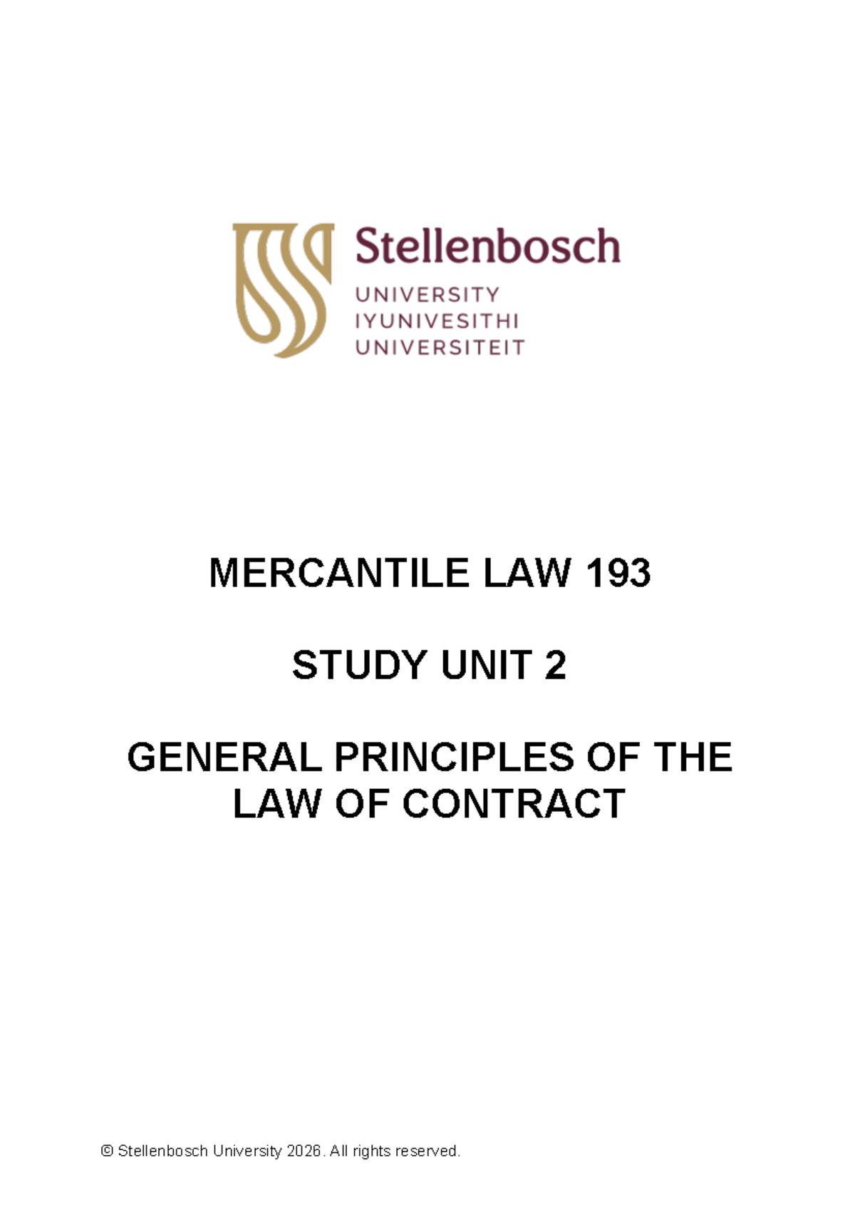 MERCANTILE LAW 193: Study Unit 2 - General Principles of Contract - Studocu