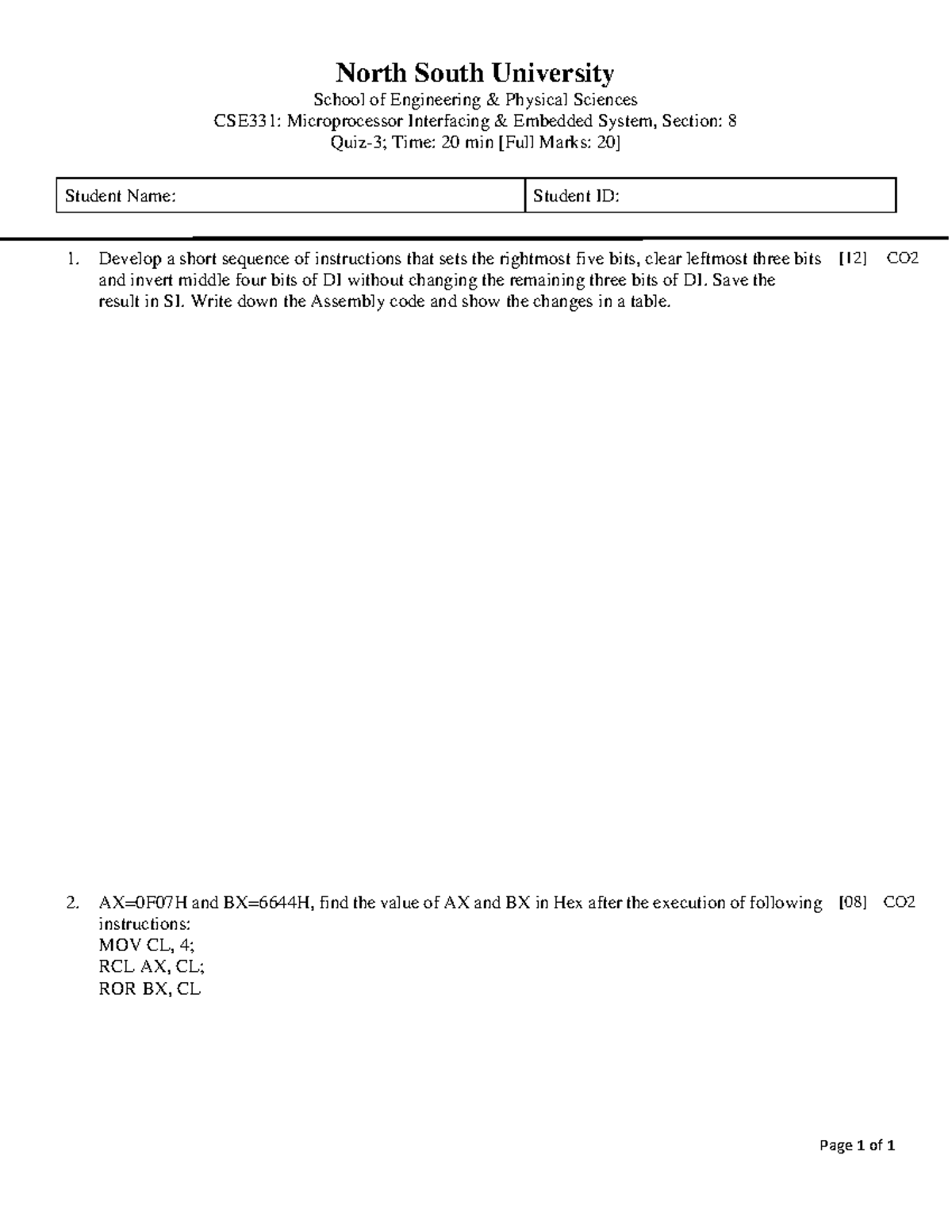 CT-3 A: CSE331 Microprocessor Interfacing Assembly Code Notes - Studocu
