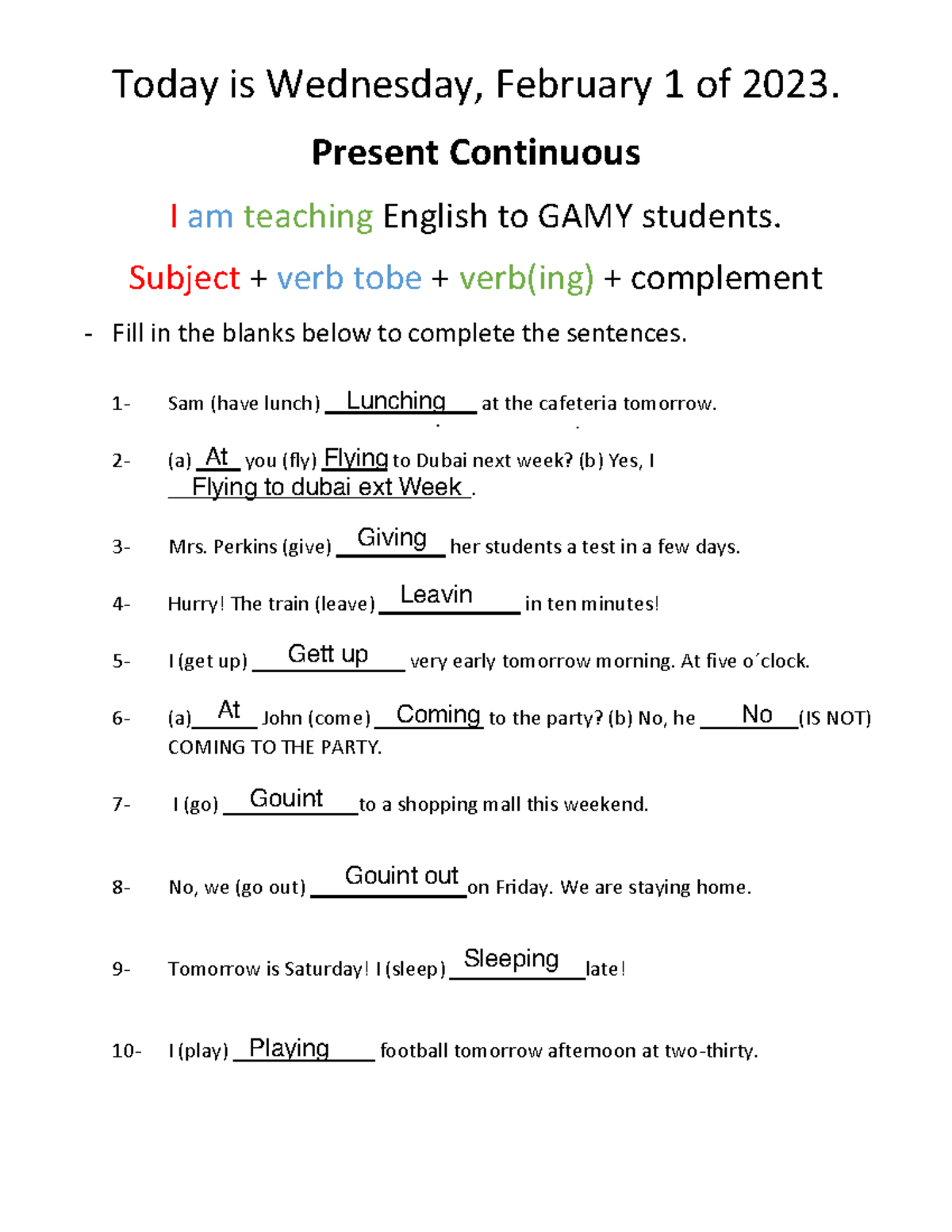 Present Continuous Practice for GAMY Students - English Lesson - Studocu