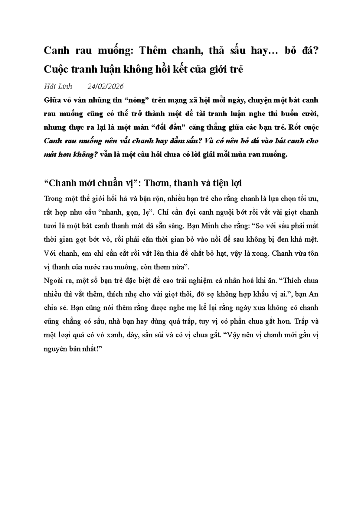 Canh Rau Muống: Chanh, Sấu hay Đá? Cuộc Tranh Luận Giữa Giới Trẻ - Studocu