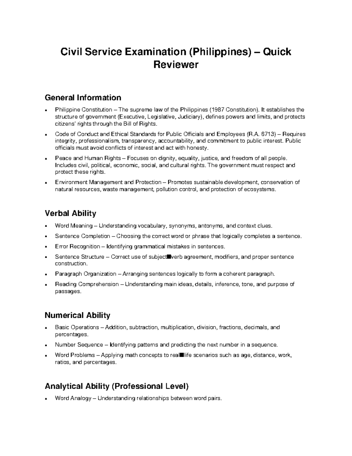 Civil Service Exam (Philippines) Quick Reviewer Guide - Studocu