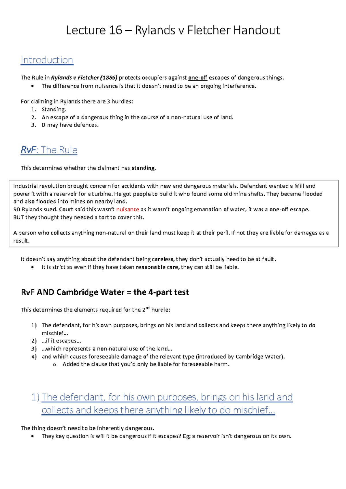 Rylands v Fletcher Tort Law Lecture notes - Lecture 16 – Rylands v ...