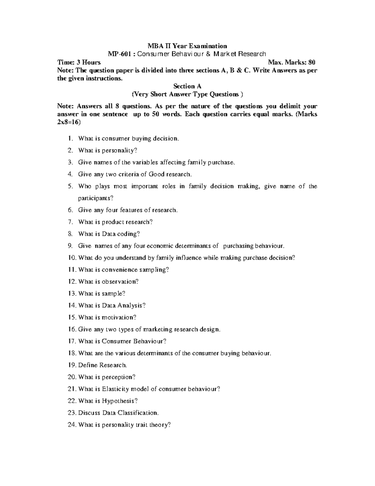 MP-601 585: Consumer Behaviour Exam - Question Paper & Guidelines - Studocu