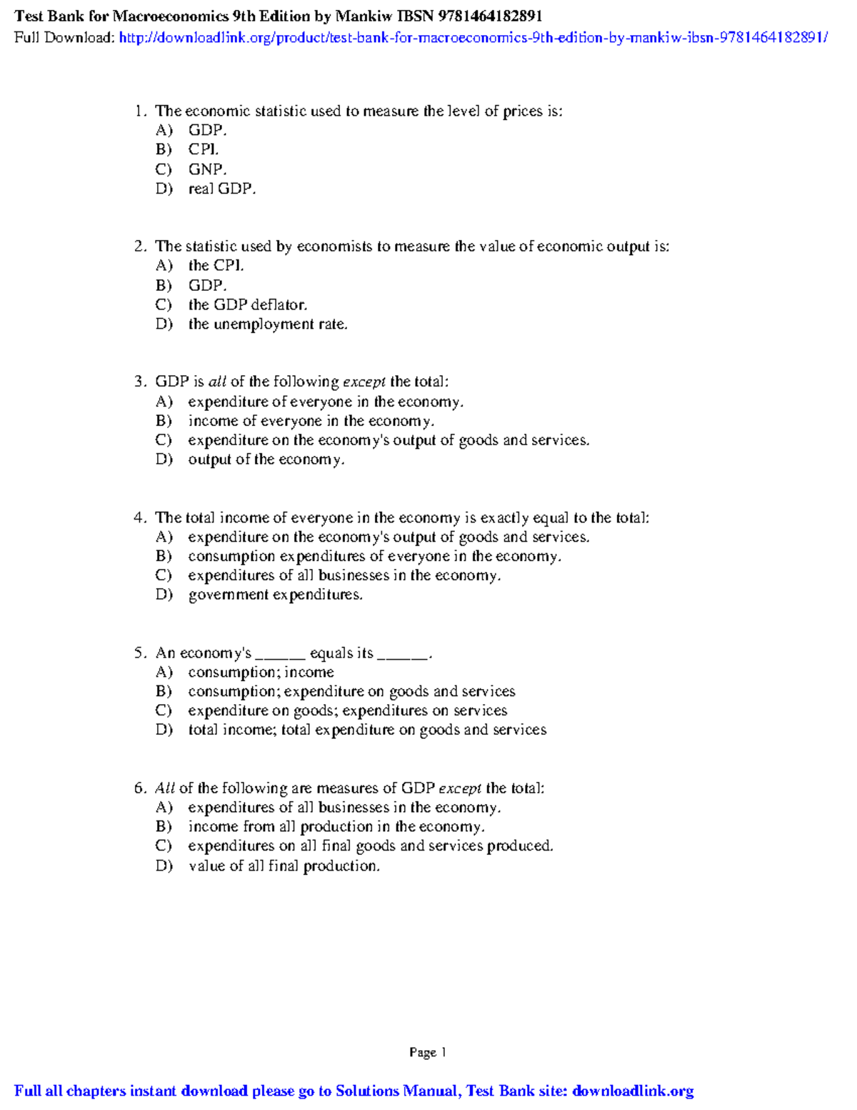 Test Bank for Macroeconomics 9th Ed. by Mankiw | ISBN 9781464182891 ...