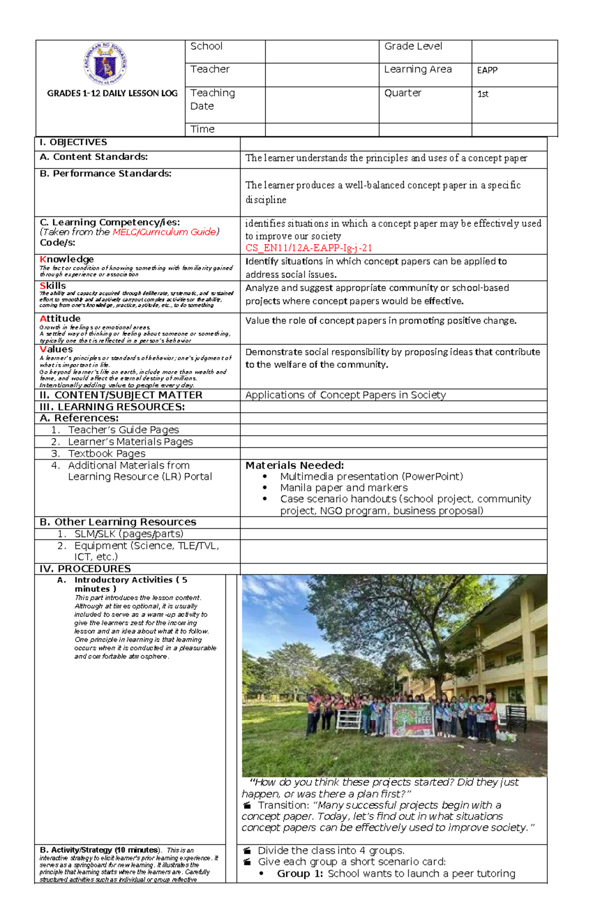 EAPP Lesson Plan 3: Understanding Concept Papers in Society - Studocu