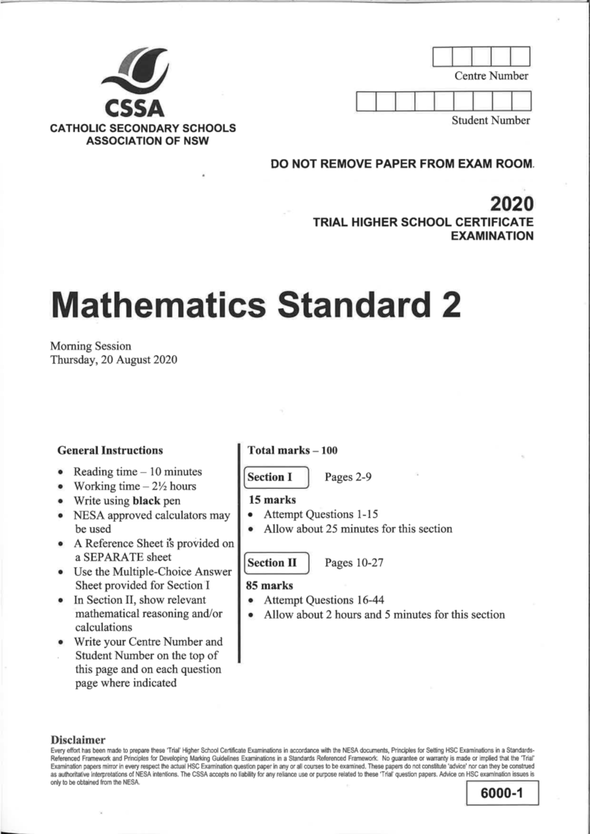 Trial HSC Exam Paper - Mathematics Standard 2 (2020) - Studocu