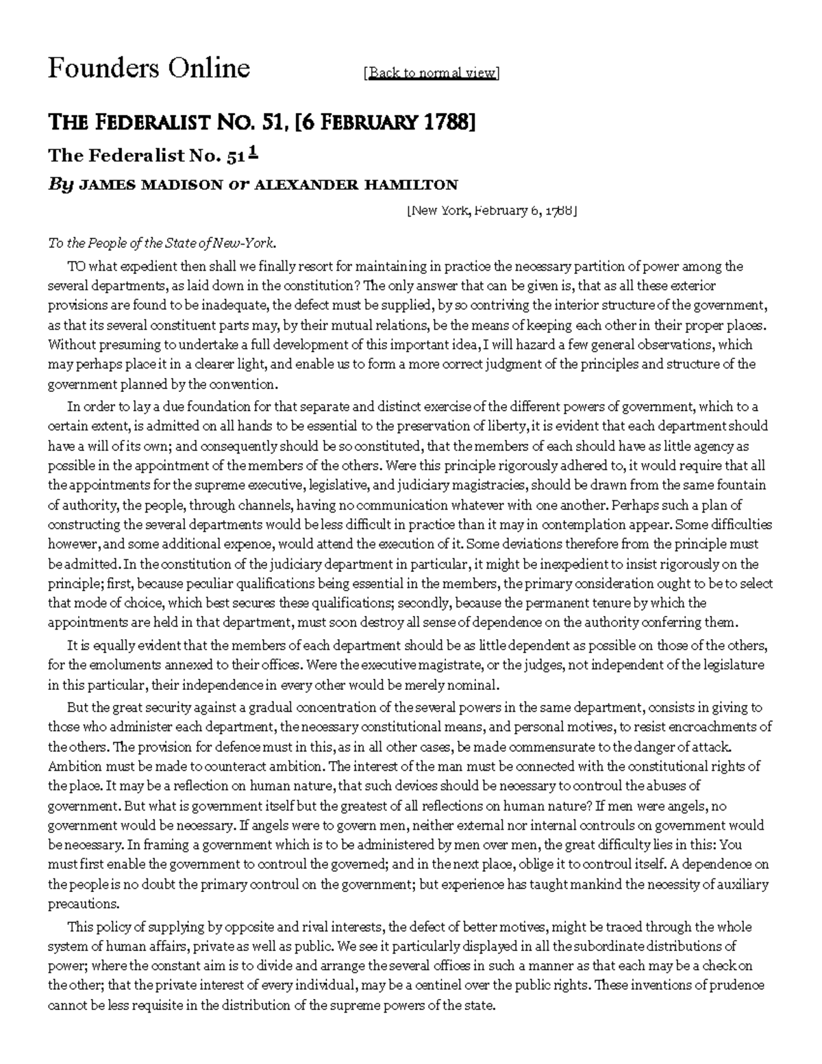 The Federalist No. 51: Analyzing Power Distribution in Gov't - Studocu