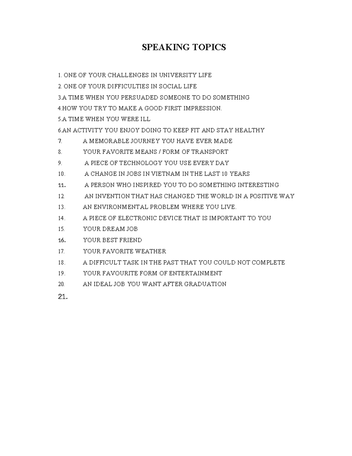 GE2. Suggested Speaking & Writing Topics for University Life - Studocu
