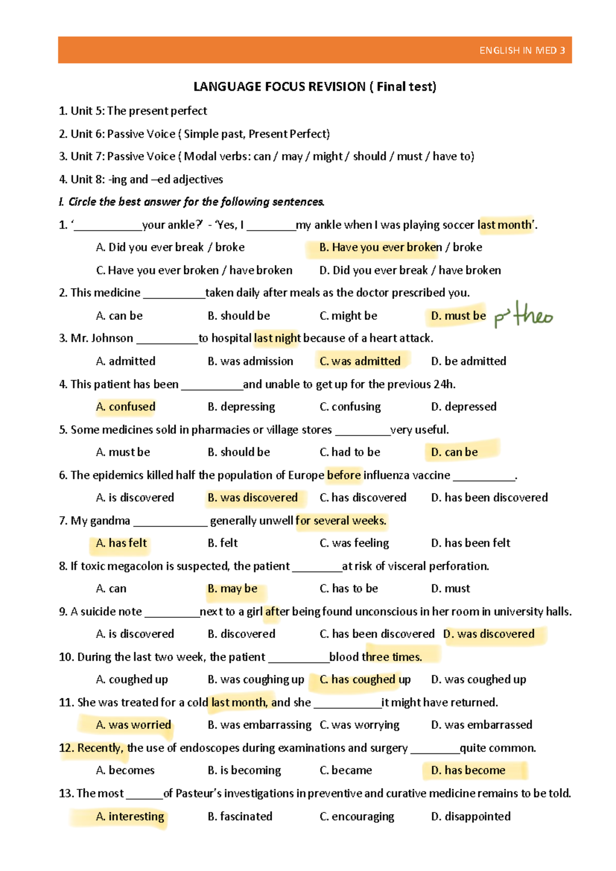 ENGLISH IN MED 3 LANGUAGE FOCUS REVISION (Final Test) - Studocu