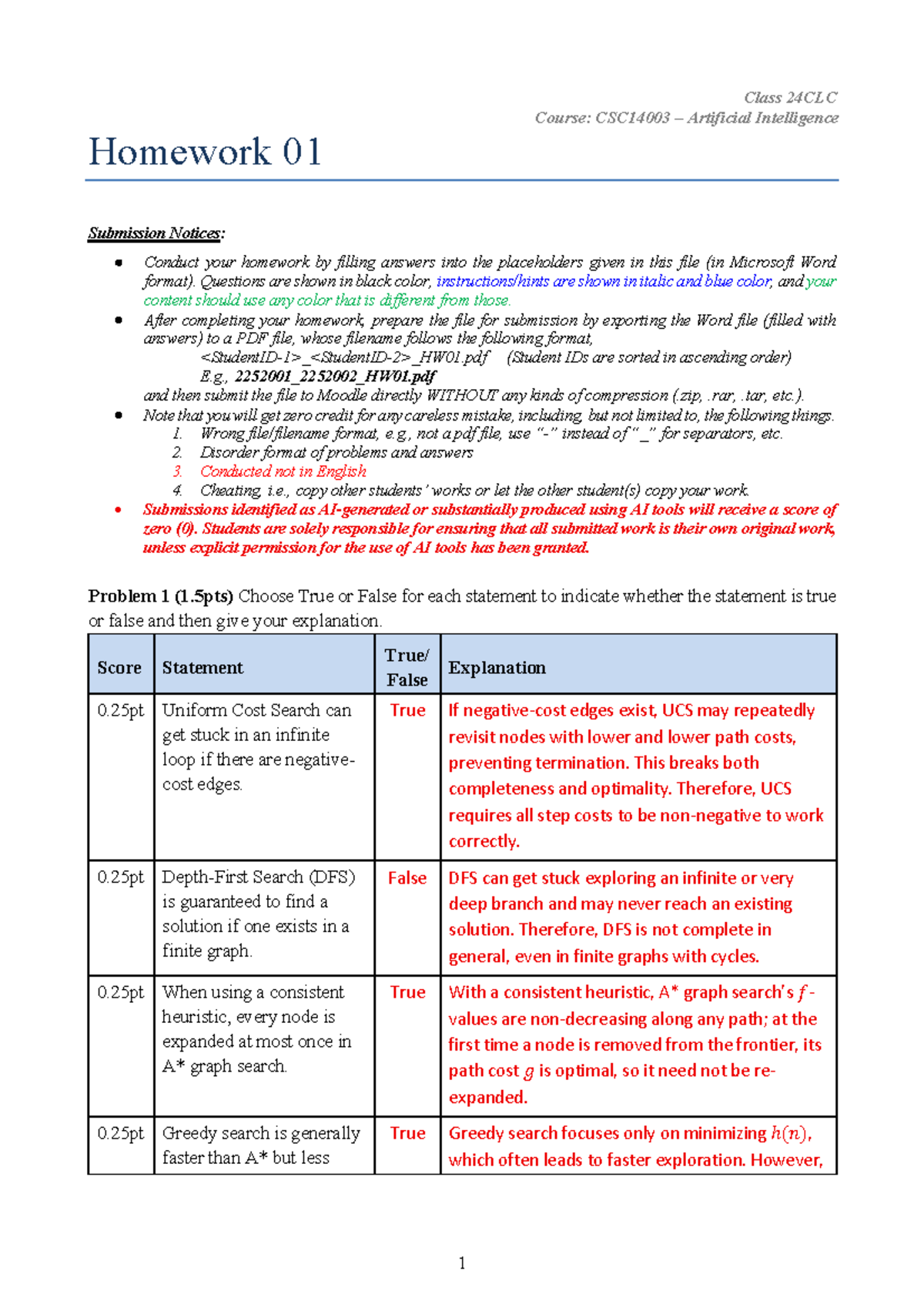 CSC14003 24C0710 Artificial Intelligence Homework 01 Solutions - Studocu