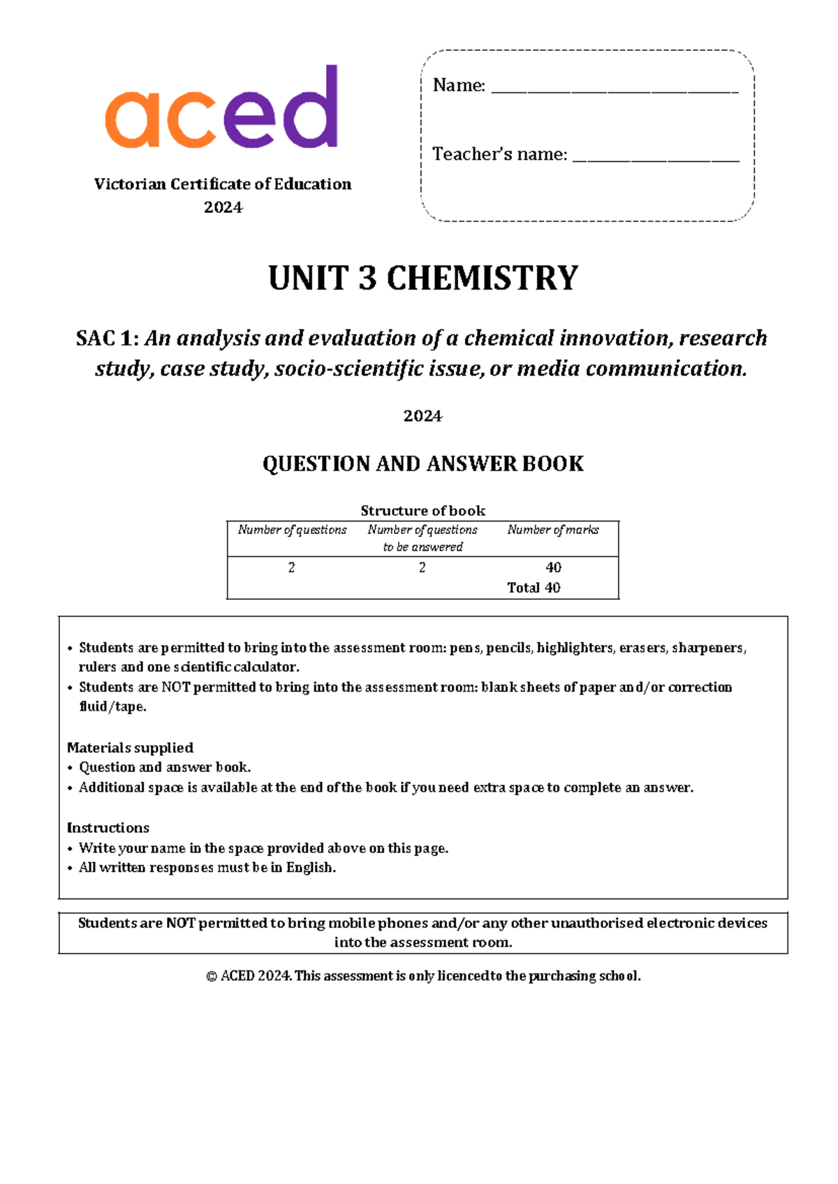 2024 aced unit 3 sac 1 VCE Chemistry Victorian Certificate of