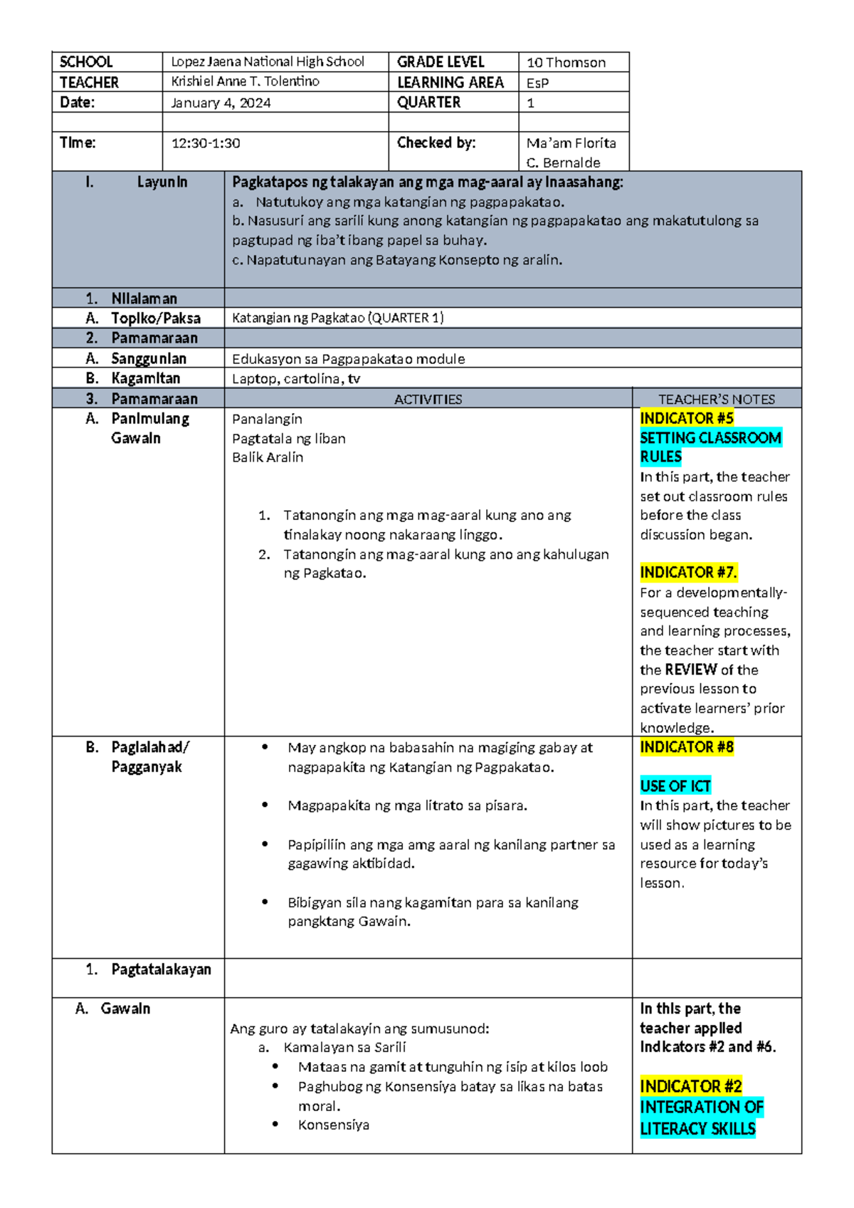 COT 2 - Lesson Plan on Human Character for Grade 10, 2nd Quarter - Studocu