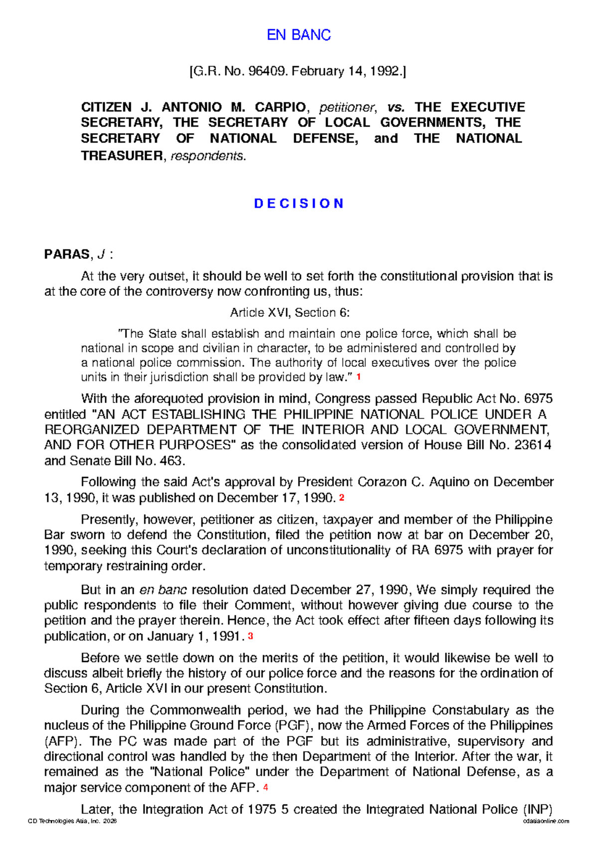 Carpio v. Executive Secretary: Constitutional Issues on RA 6975 - Studocu