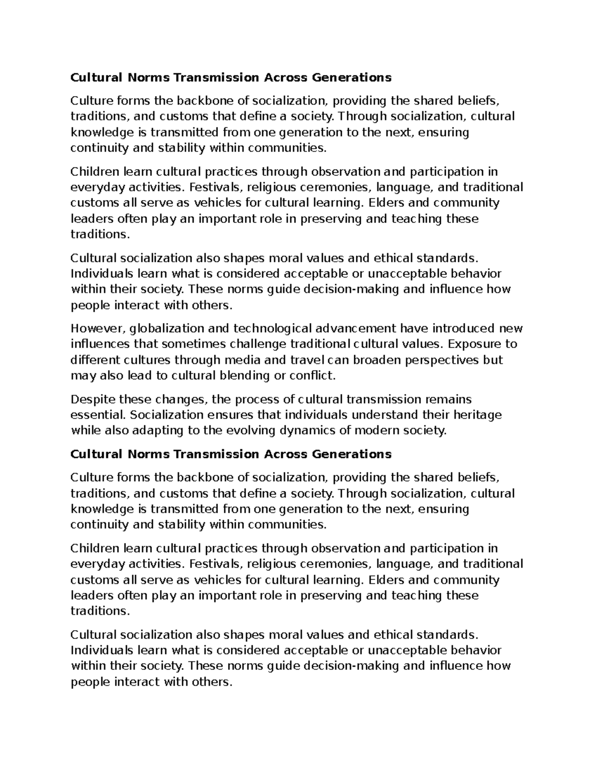 Cultural Norms Transmission Across Generations: A Study on ...