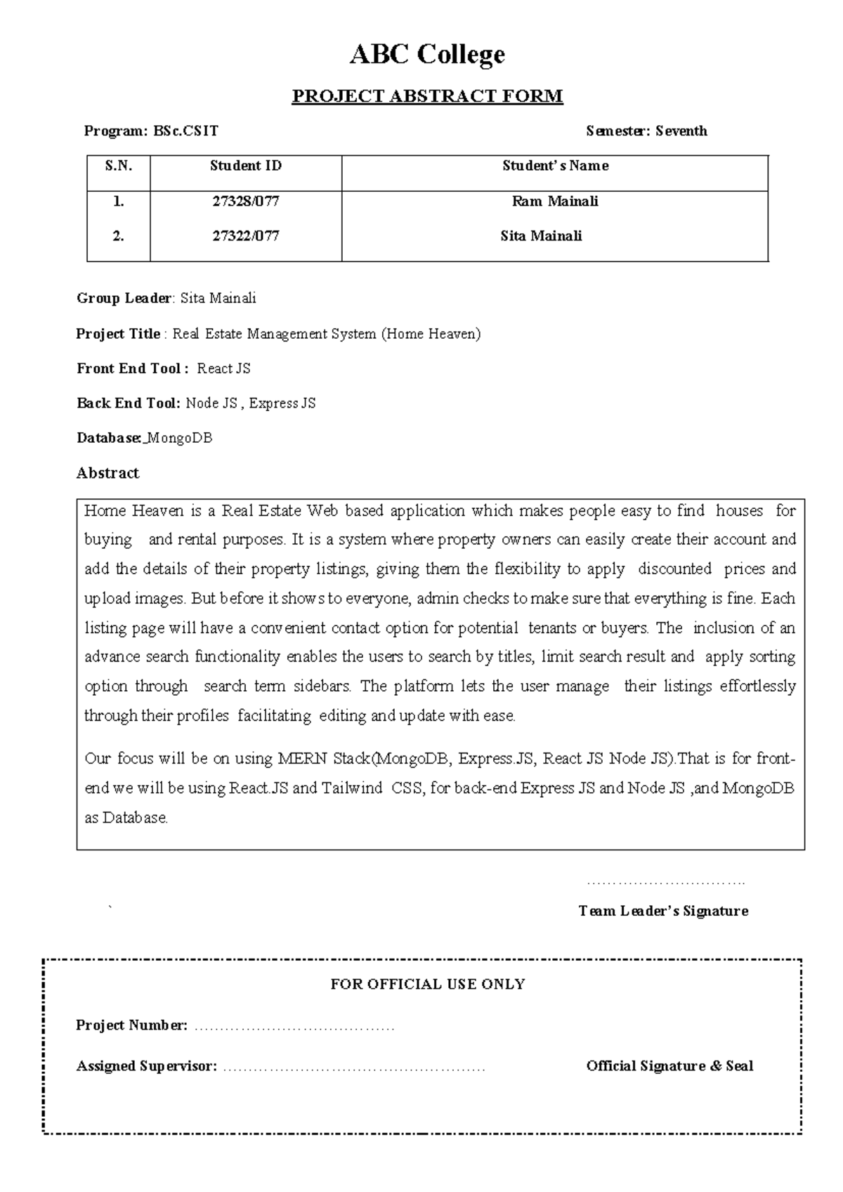 BSc.CSIT 7th Sem Project Abstract: Real Estate Management System - Studocu
