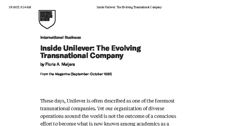 Inside Unilever: The Evolution of a Transnational Company - Studocu