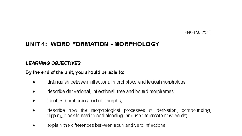 ENG1502 - Unit 4: Understanding Word Formation & Morphology - Studocu