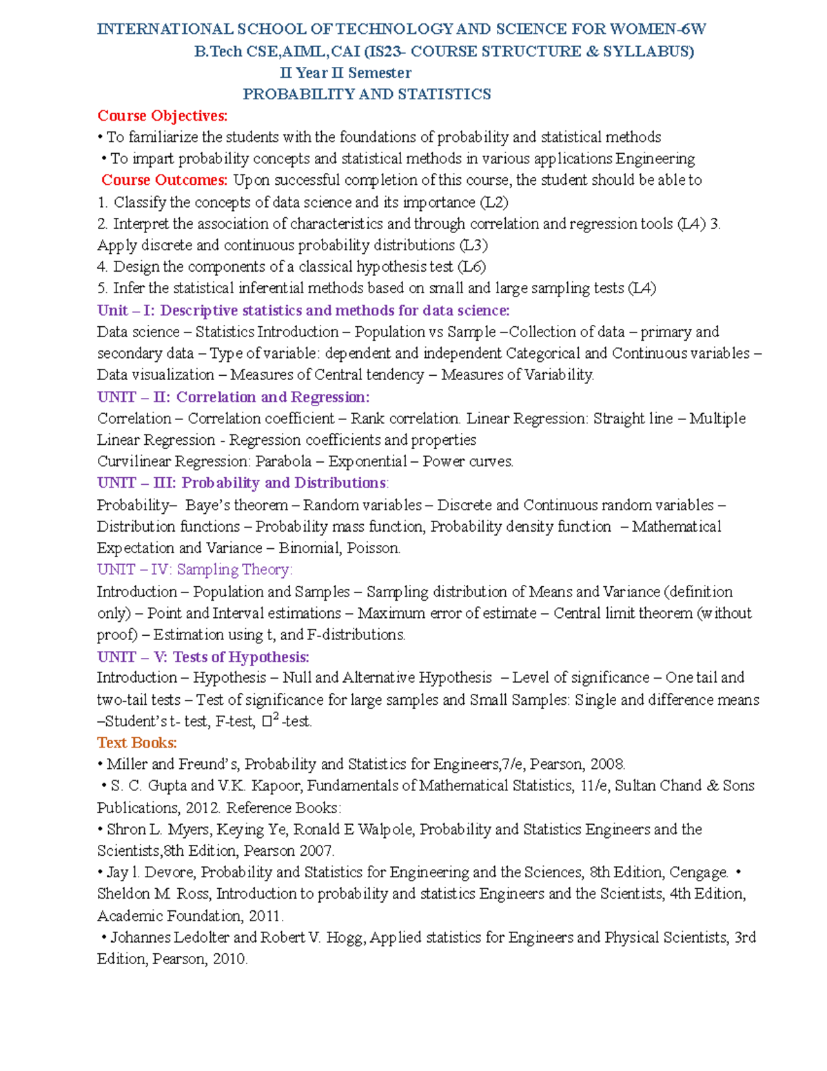 B.Tech CSE AIML II Year II Sem Probability & Statistics Syllabus and ...