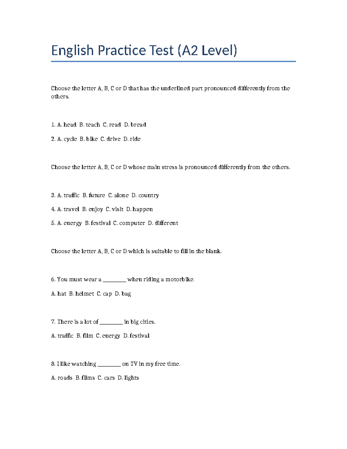 English Practice Test A2 Level: Pronunciation & Vocabulary - Studocu