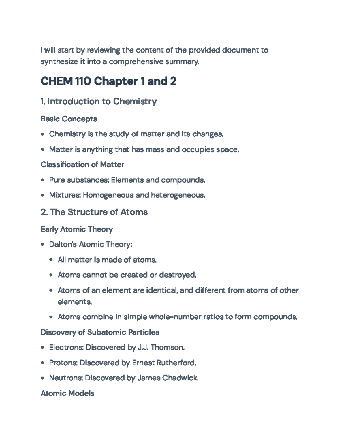 CHEM 110 Chapters 1-2: Intro to Chemistry and Key Concepts Overview - I ...