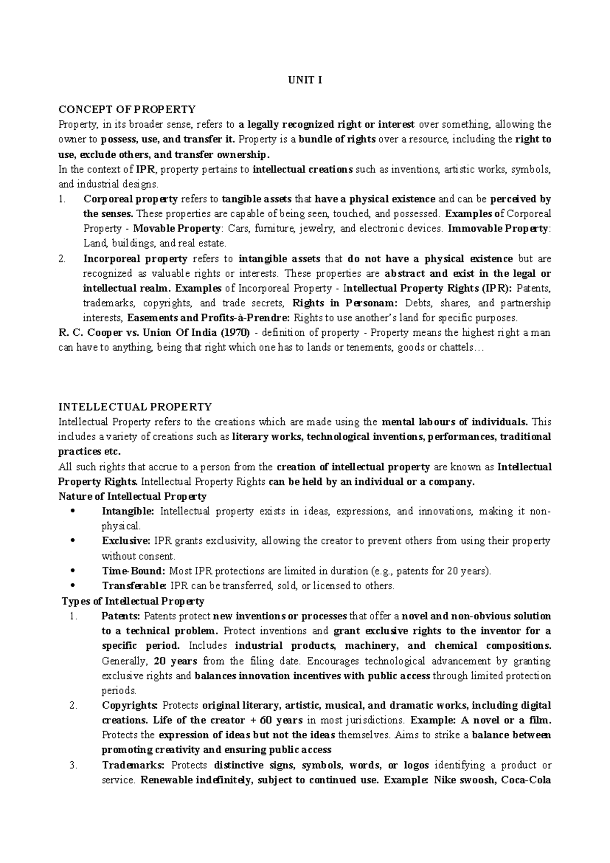 IPR - unit 1 - notes for unit 1 - UNIT I CONCEPT OF PROPERTY Property ...