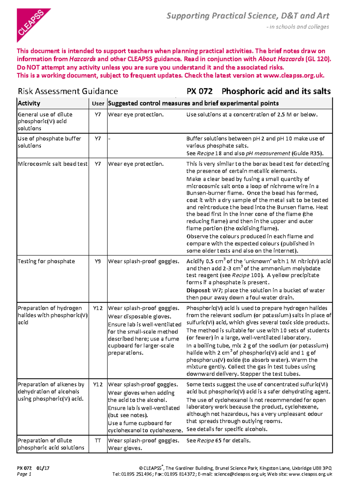 PX072 Risk Assessment Guidance for Phosphoric Acid Activities - Studocu