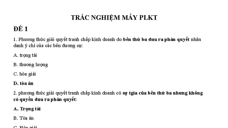 Plkt - plkt - TRẮC NGHIỆM MÁY PLKT ĐỀ 1 Phương thức giải quyết tranh ...