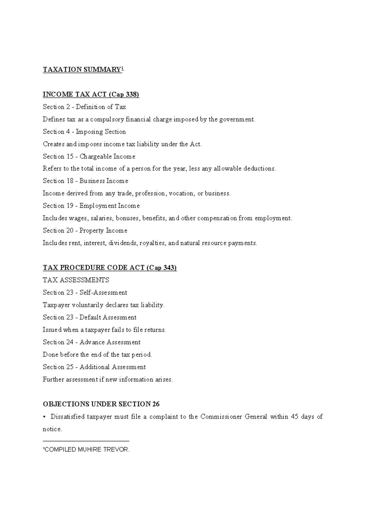 TAXATION SUMMARY: INCOME TAX ACT & PROCEDURE CODE (Cap 338 & 343) - Studocu