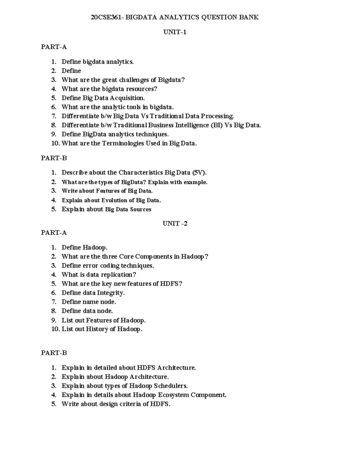 20CSE361 Big Data Analytics Question Bank - Units 3 to 5 - Studocu