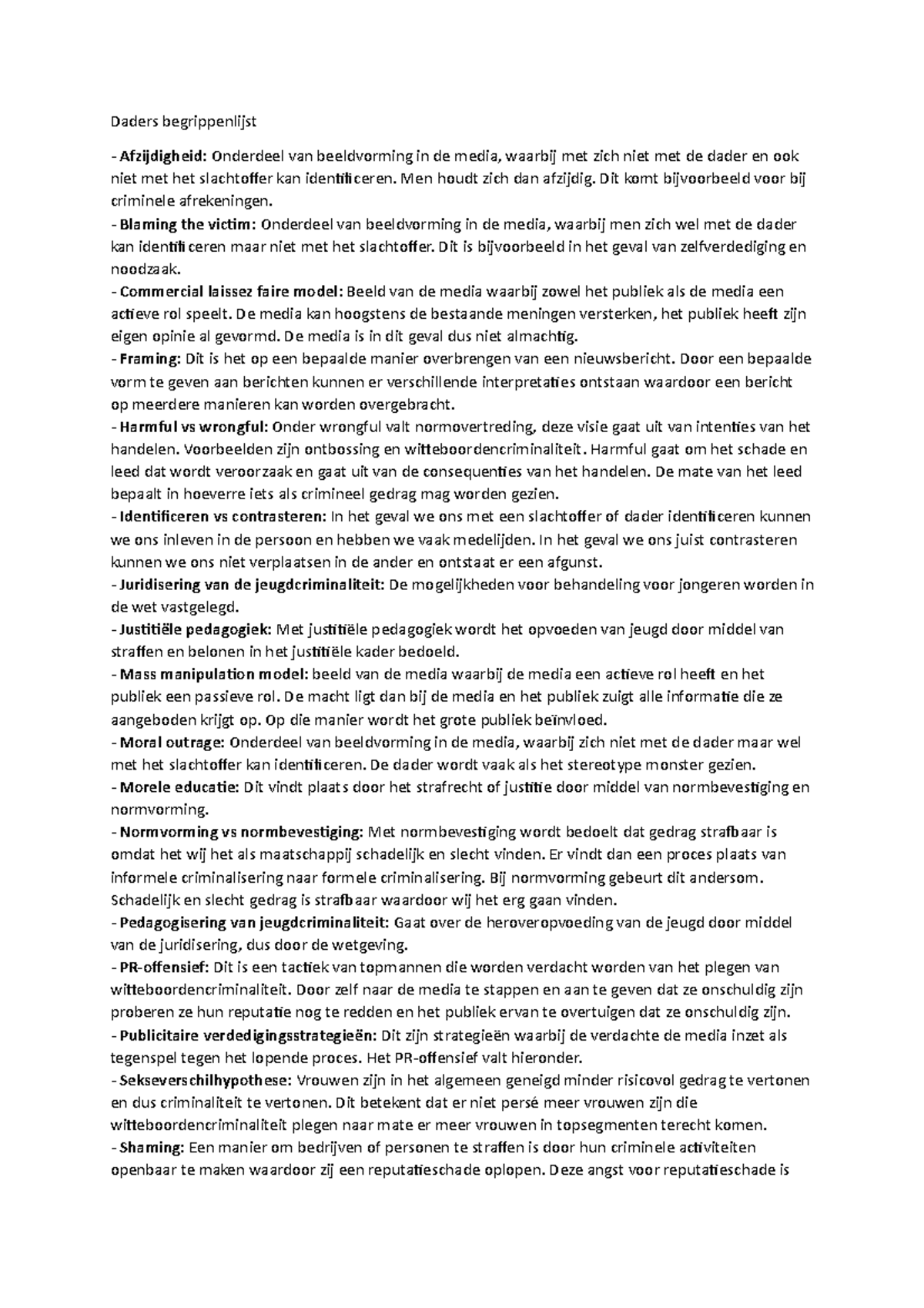 Begrippenlijst over Daders en Media-invloeden - Studeersnel