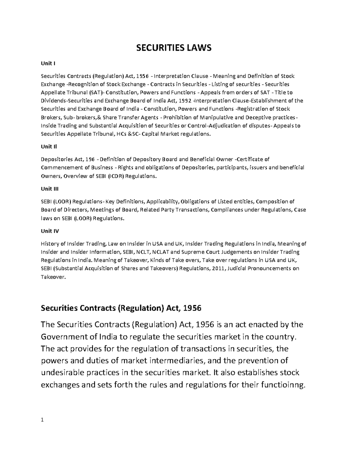 Securities Laws Overview for LL.M Students - Unit I to IV Notes - Studocu