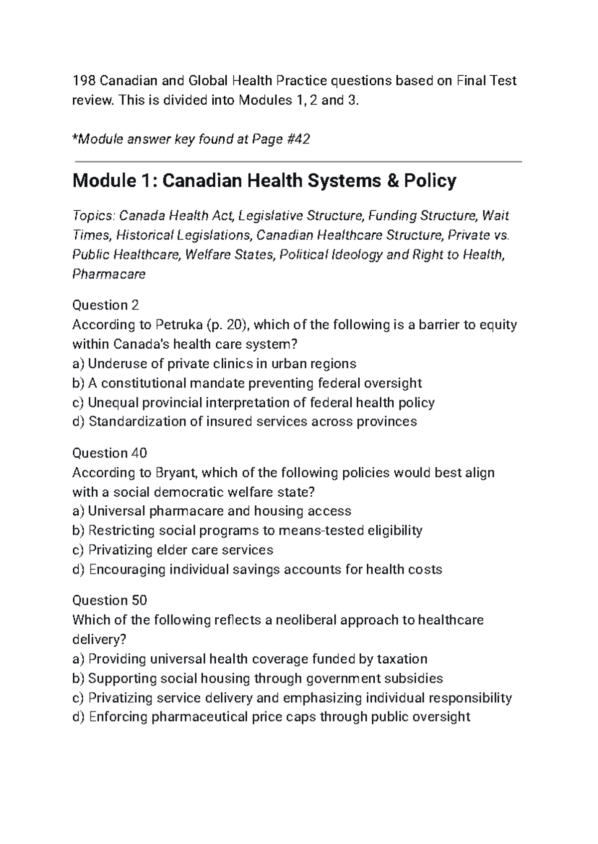 198 Canadian Health Practice Questions - Final Test Review - Studocu
