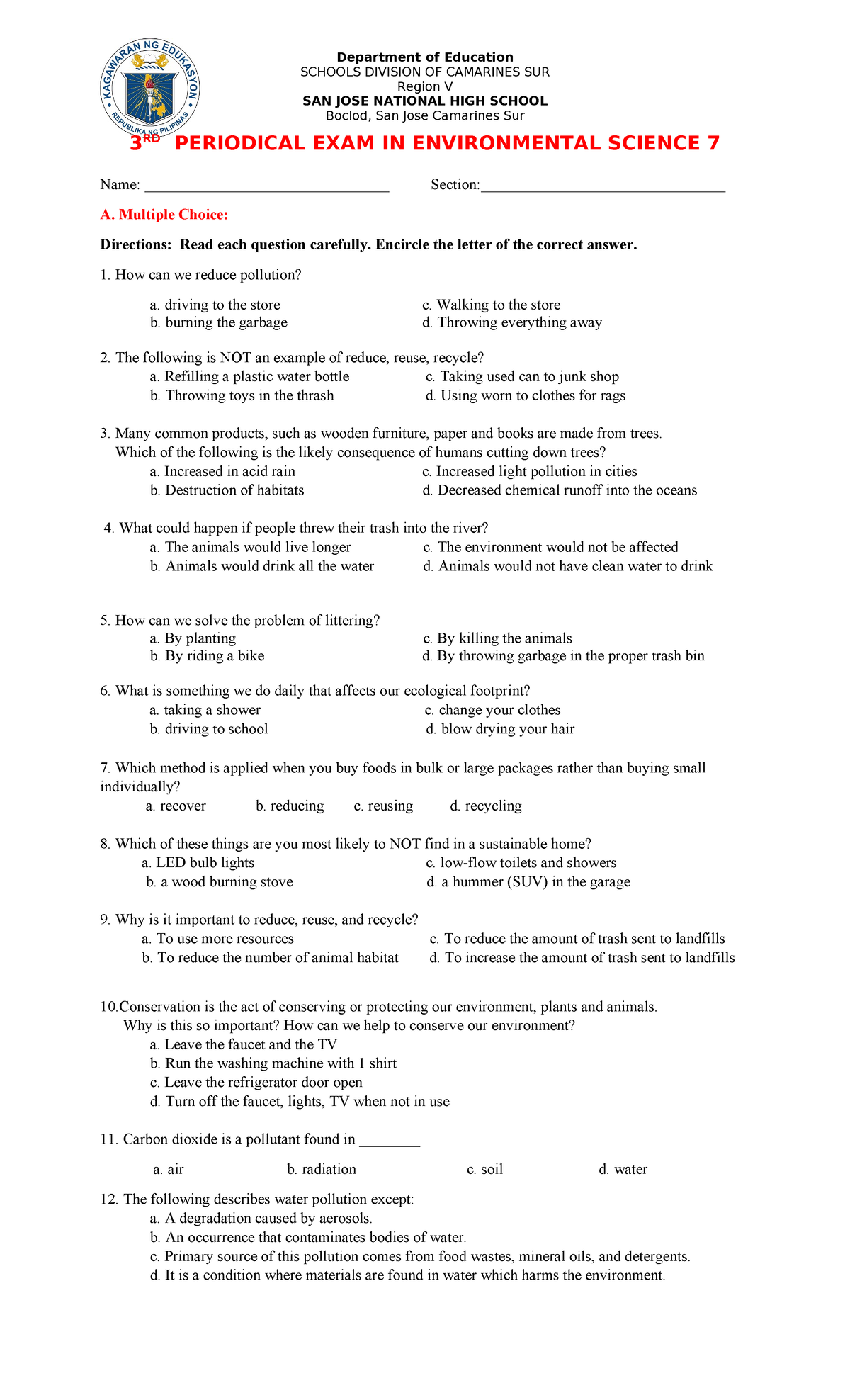 3RD Periodical Exam in Environmental Science 7 - STE-A - Studocu