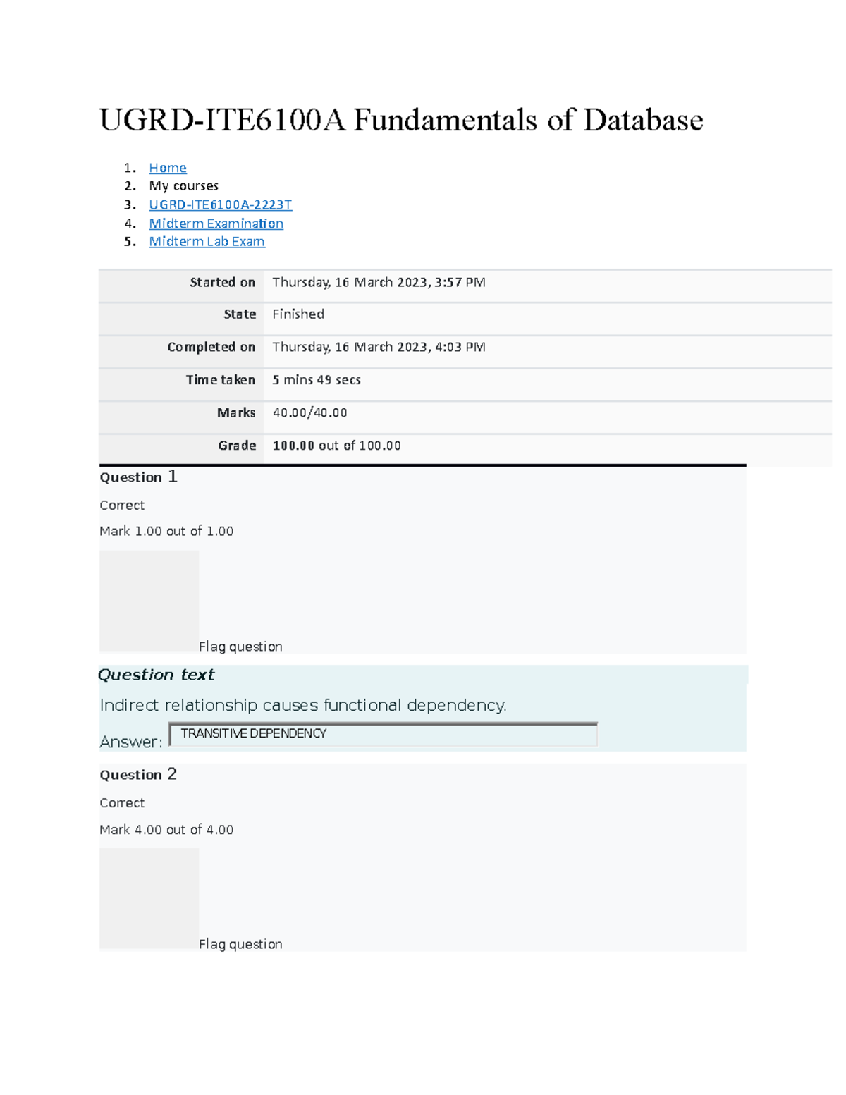 UGRD-ITE6100A Database Midterm Lab Exam Results & Feedback - Studocu