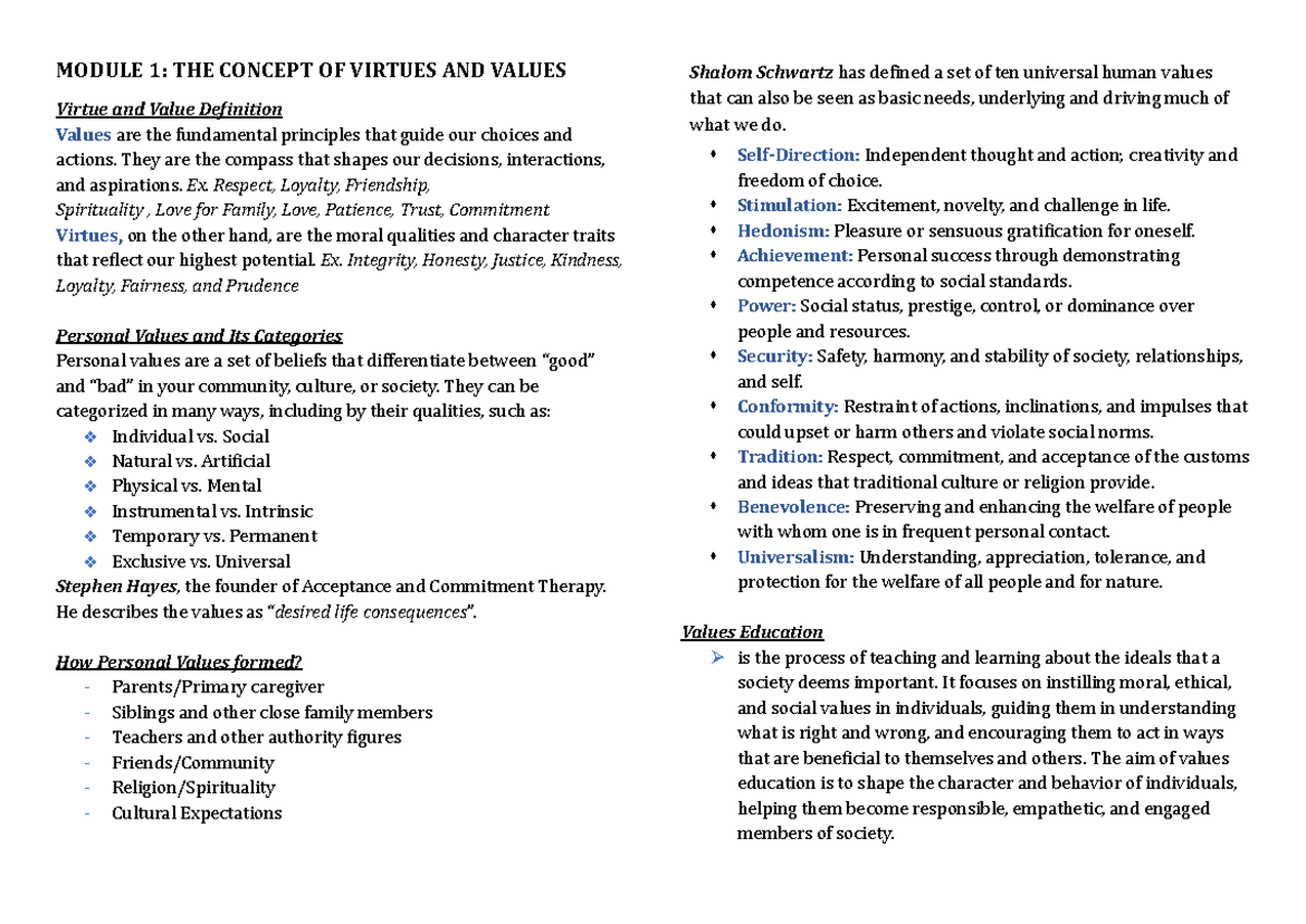 Module 1: Understanding Virtues, Values, and Personal Development - Studocu