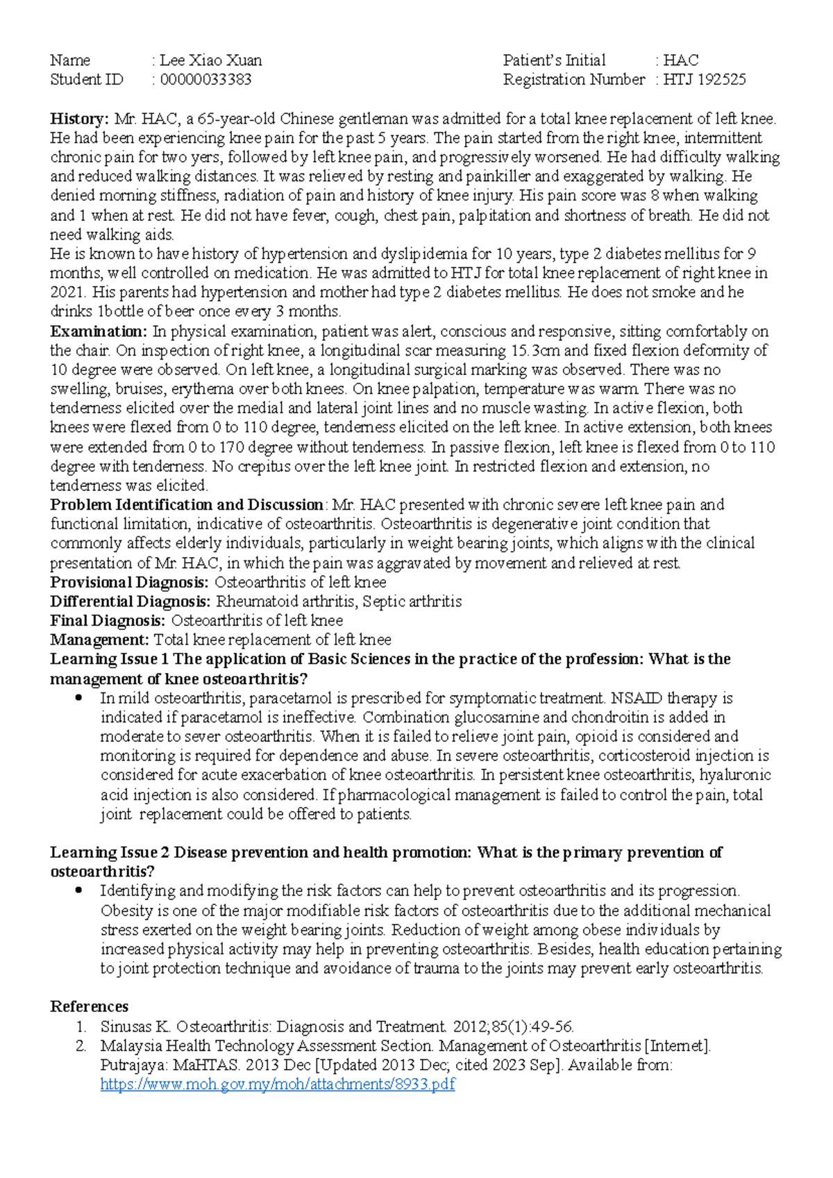 Ortho Case Summary 1: Osteoarthritis Management & Diagnosis - Studocu