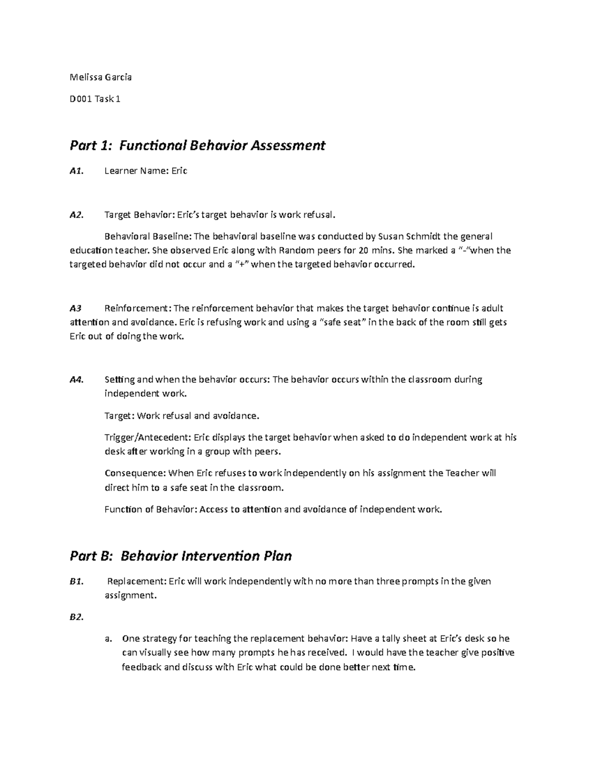 D01 Task 1: Functional Behavior Assessment & Intervention Plan - Studocu