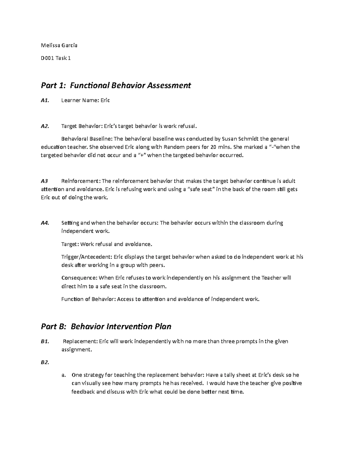 FBA BIP D001 Task 1 - Analysis of Eric's Work Refusal Behavior - Studocu