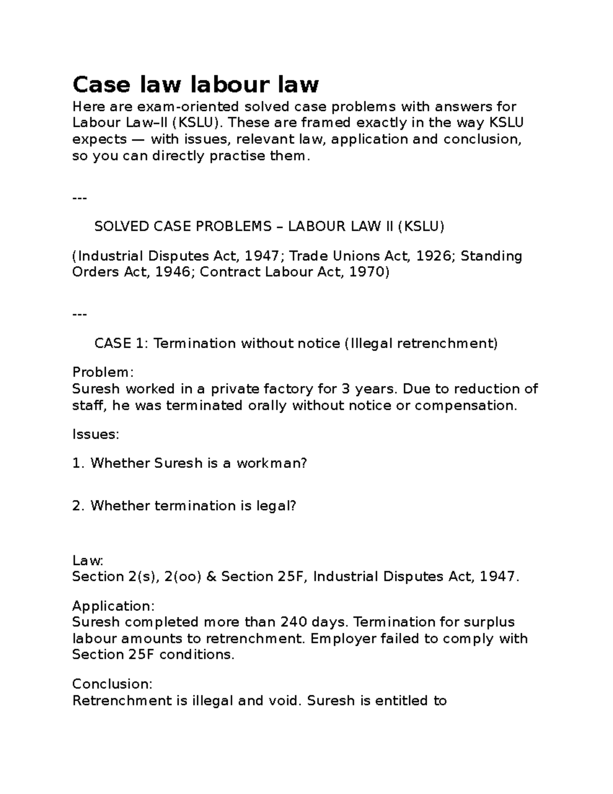 Solved Case Problems in Labour Law II (KSLU) with Answers - Studocu