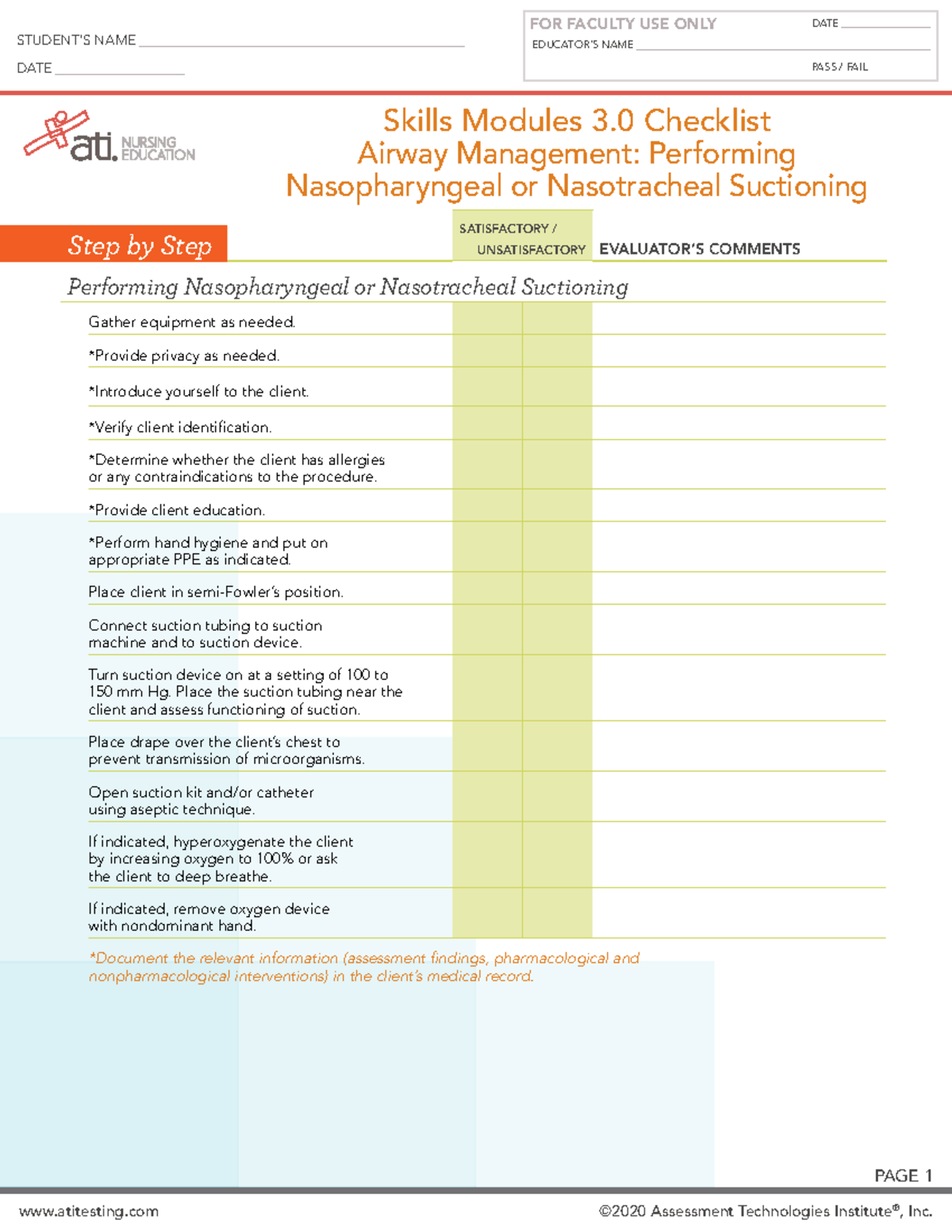 Skills Checklist: Airway Mgmt - Nasopharyngeal Suctioning - Studocu
