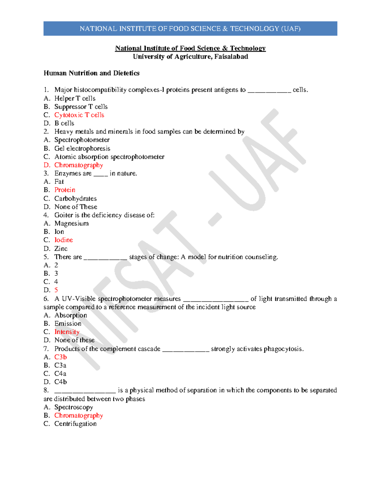 HND-Nutrition Quiz Questions Bank for Food Science & Technology - Studocu